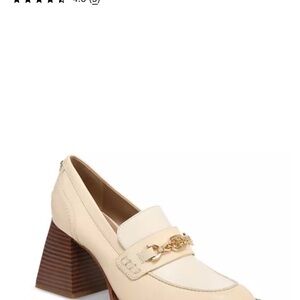 Cream Block-Heel Loafer with Gold Chain Accent